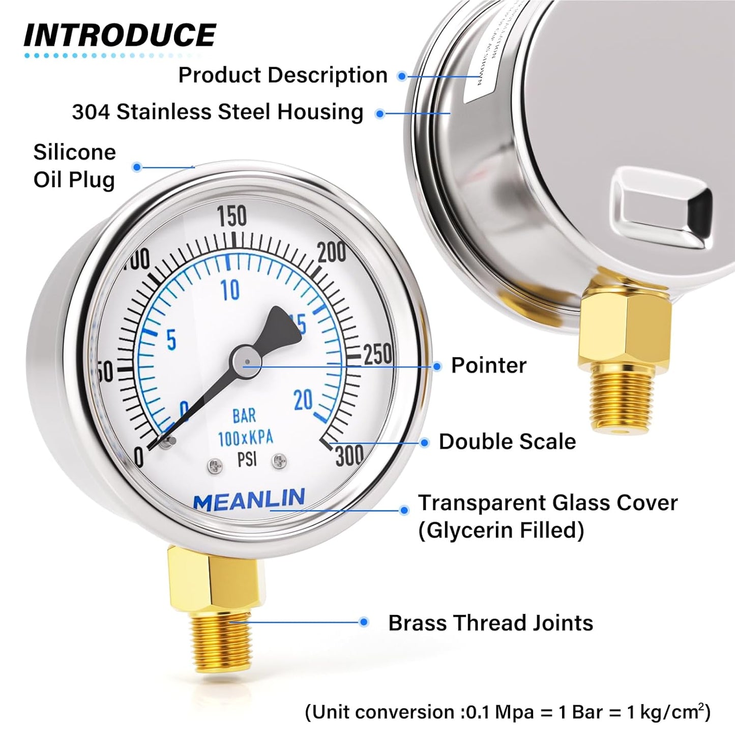 MEANLIN MEASURE 0~300Psi Dry Pressure Gauge Stainless Steel 1/8" NPT 2" FACE DIAL Waterproof for Air Compressor Air Regulator Water Filter Lower Mount, with 1/4" NPT and 3/8" NPT Hex Bushing
