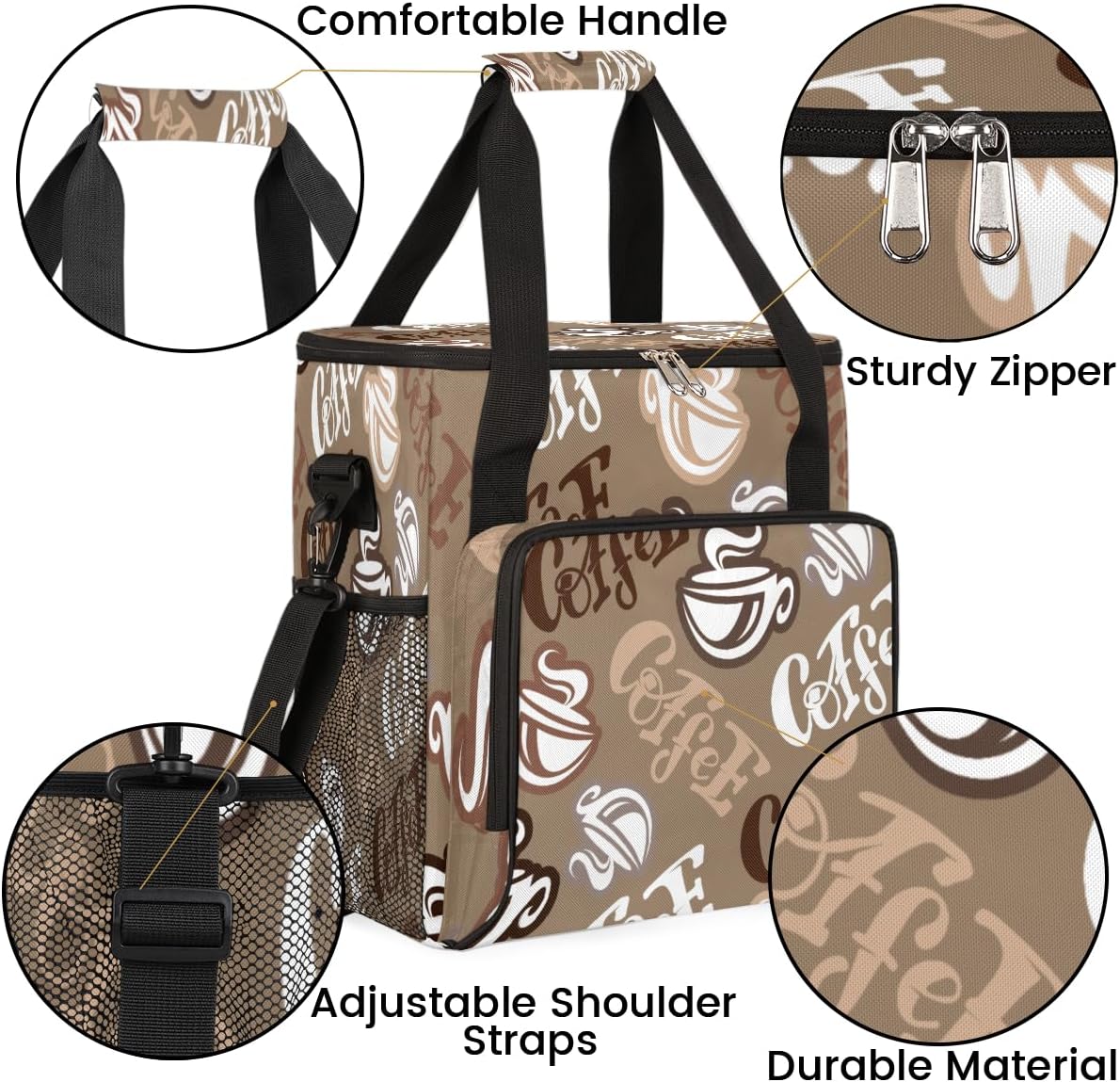 Coffee Time Coffee Maker Carring Bag Hand Drawn Coffee Travel Carrying Storage Tote Bag Compatible with Keurig K-Mini or K-Mini Plus Portable Single Serve Coffee Brewer Case with Pockets for K-cup Pods