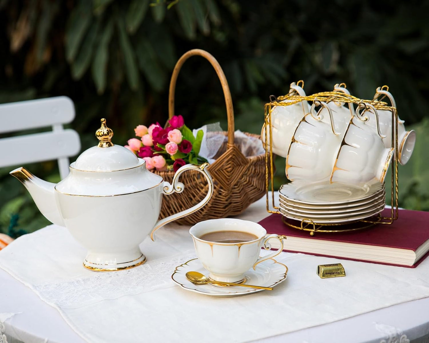 ACMLIFE Tea Sets for Adults Fine Bone China Tea Set for 6, Porcelain Teapot Sets for Adults 24K Gold, Afternoon Modern Cups and Saucers for Women Tea Party or Gifts Giving (White)