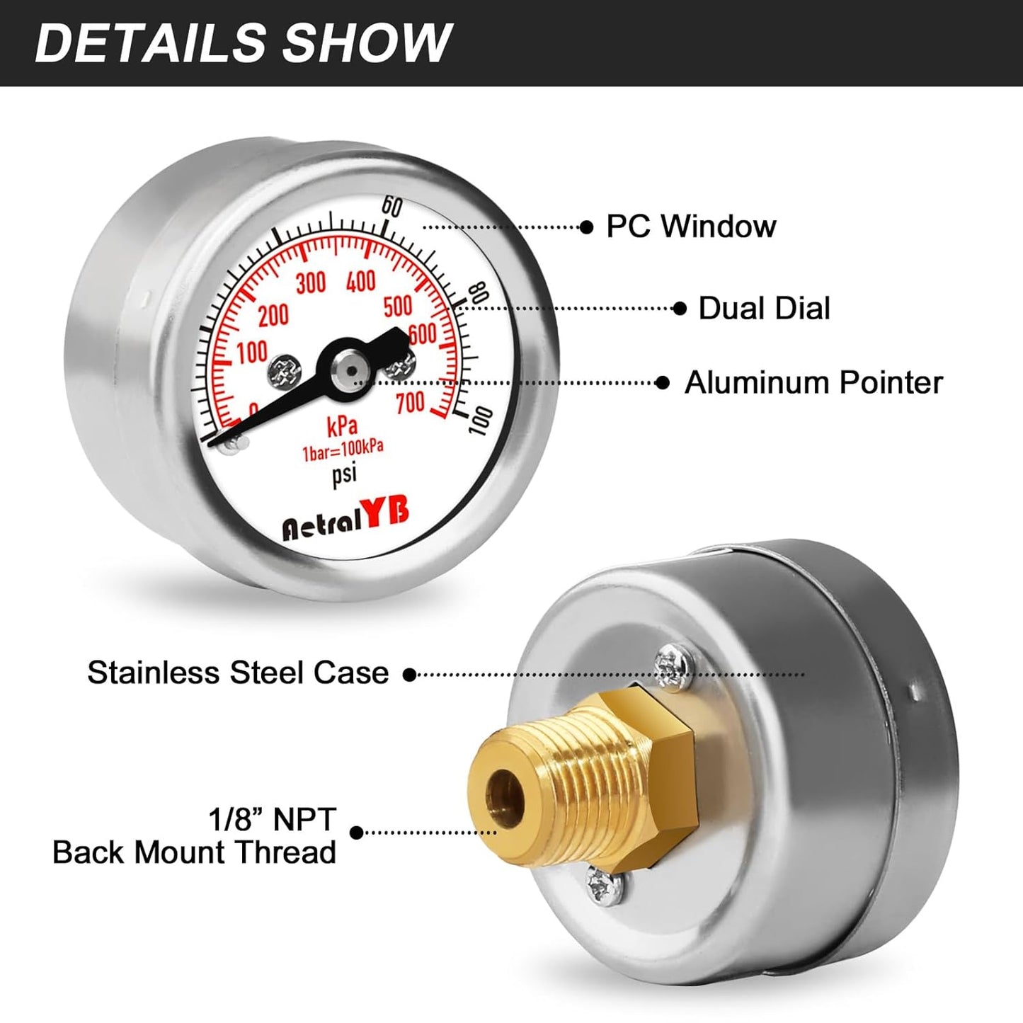 100Psi/700Kpa Mini Pressure Gauge,Stainless Steel Housing,Brass Internal,1.2 Inch Dial,NPT 1/8" Back Mount,Dry Type, Lead-Free Material,for Air,Water,Oil Pressure Test