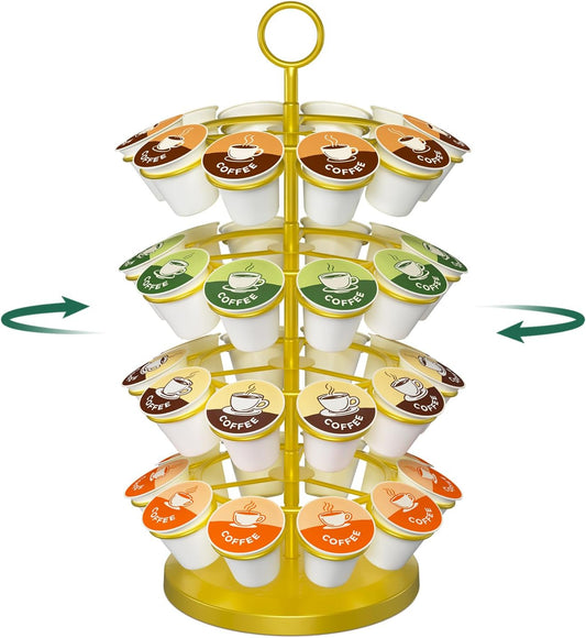 EsLuker.ly K Cup Holder Coffee Pod Organizer Carousel for Counter, Metal Storage Rack Stand for Kitchen, Rotatable 4 Tier Pod Tower Tree for 40 K Cups, Space Saving Meets Elegance, Gold