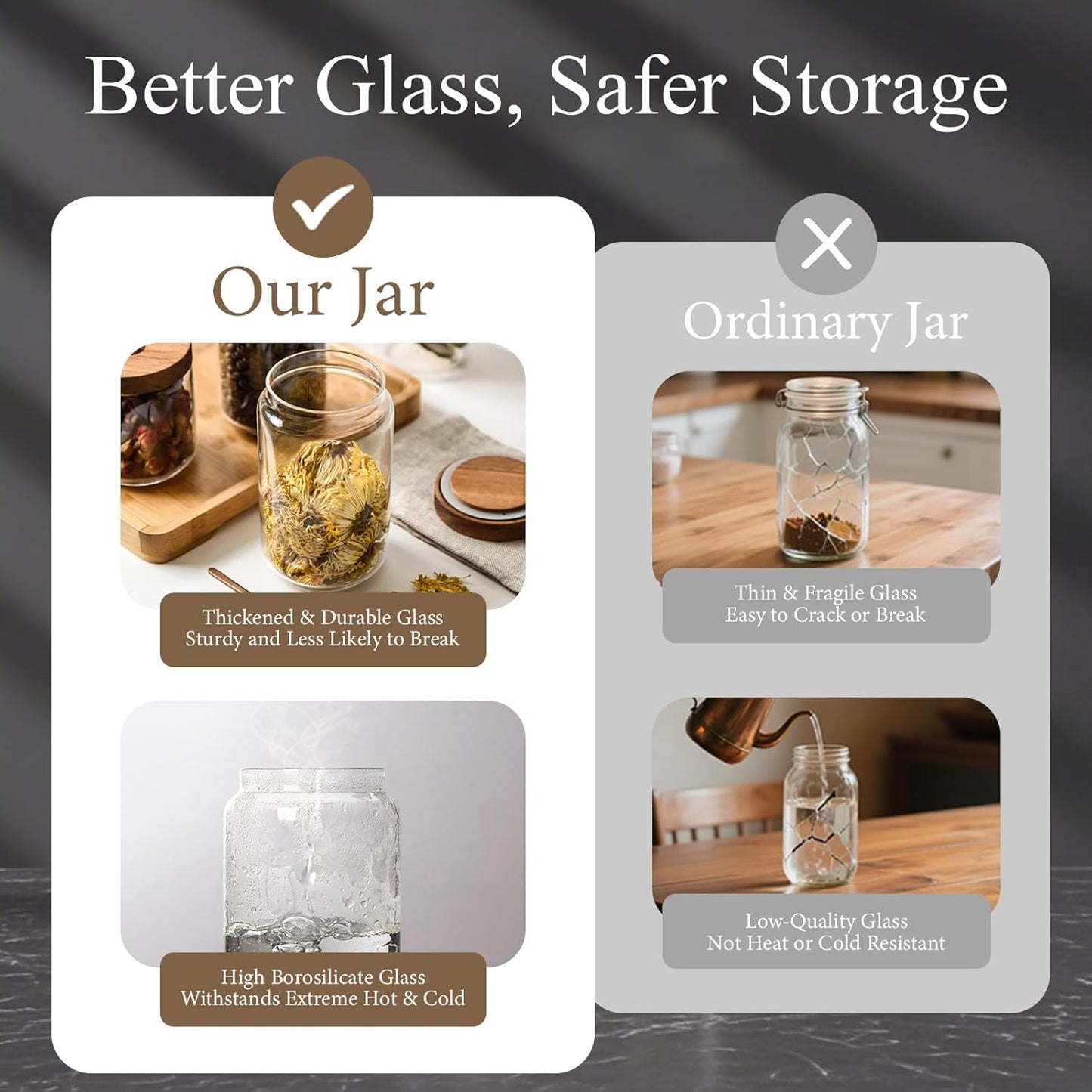 Glass Jars with Airtight Wood Lids - 25 oz Small Kitchen and Pantry Storage Containers, Canisters for Chia Seed, Ground Coffee, Sugar, Spice, Salt, Salad, Matcha, Set of 2