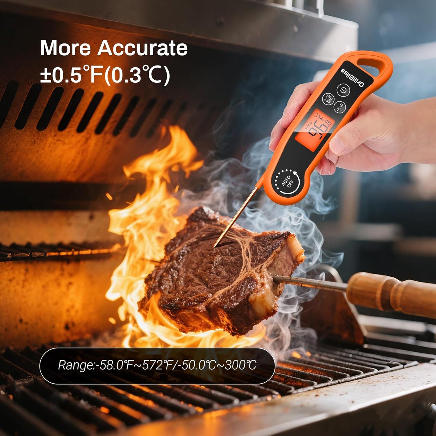 Instant Read Meat Thermometer Within 0.5s, GrillBliss Meat Thermometer Digital with ±0.5℉ Accuracy, Food Thermometer with Backlit Display, Cooking Thermometer for Candy, Grill, BBQ, Brewing