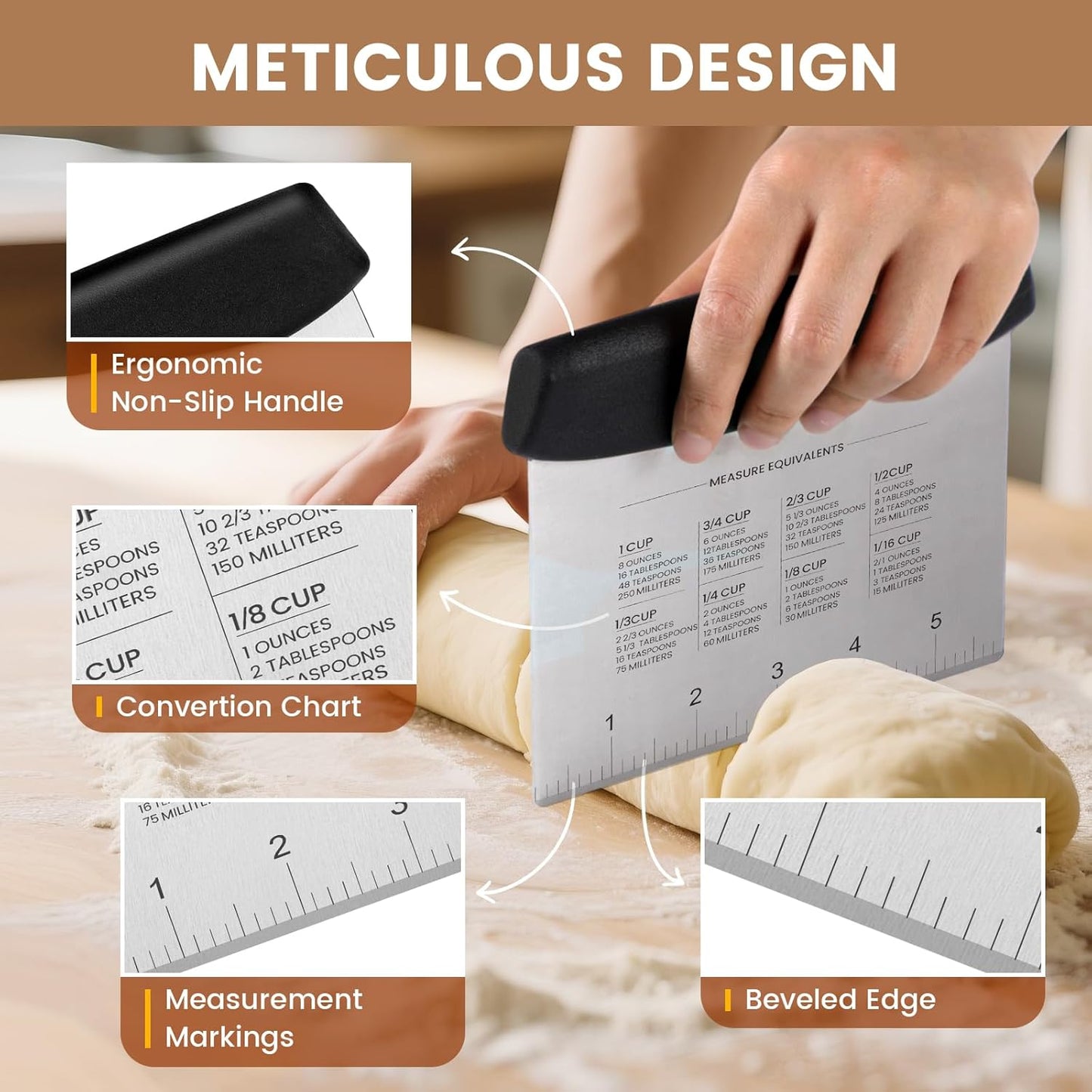 SCHVUBENR Premium Dough Scraper Set with 2 Flexible Bowl Scrapers - Stainless Steel Dough Cutter & Bench Scraper with Measuring Scale - Versatile Kitchen Scraper for Bread, Pastry, Pizza, Cake - Black