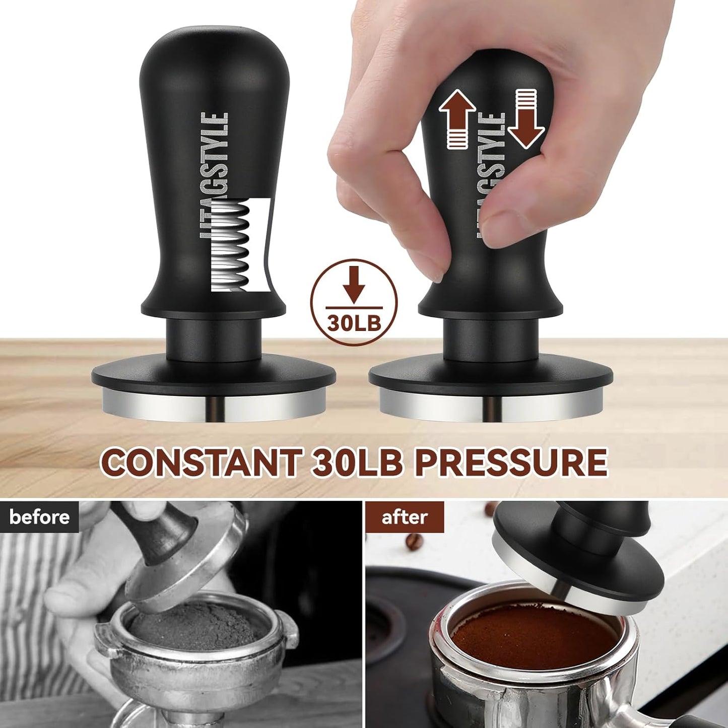 53.3mm Espresso Tamper: Coffee Tamper with Calibrated Spring Loaded - 30lb Espresso Hand Tamper - 100% Stainless Steel Flat Base Fits for 54mm Portafilter Basket