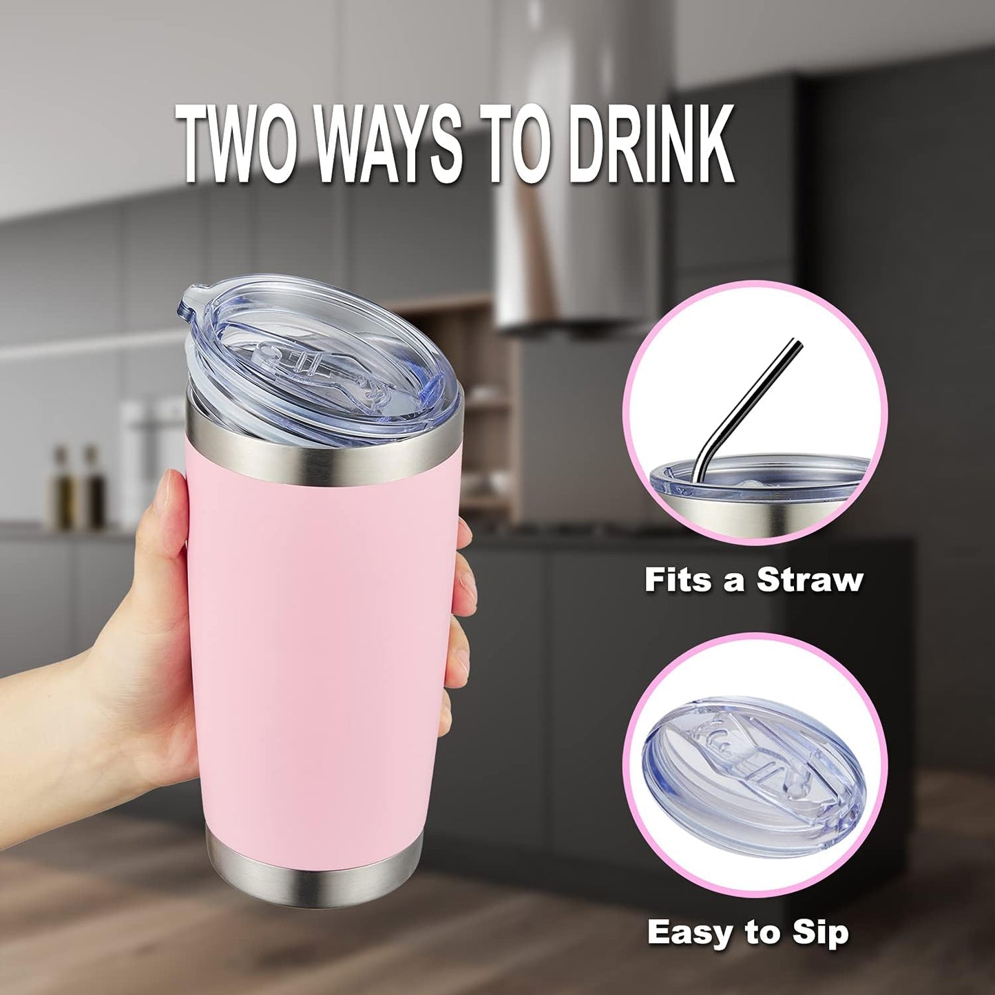 COMOOO 20oz Tumbler Bulk Double Wall Vacuum Insulated Travel Mug, Stainless Steel Tumbler with Lid and Straw Durable Powder Coated Insulated Coffee Cup for Cold & Hot Drinks (pink, 2 pack