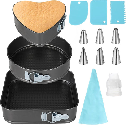 Springform Cake Pans Set, 3 PCS Non-stick Cheesecake Pan with Removable Bottom (8.6/9.4/10.2 Inches), Leakproof Heart Round Square Shapes Cake Pan with Piping Tips, Cake Leveler