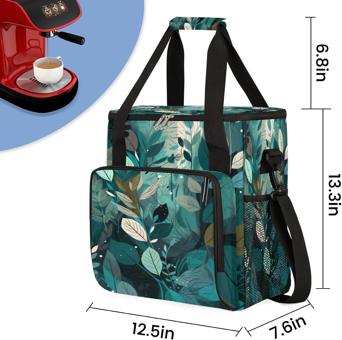 Turquoise Teal Leaves Coffee Maker Carring Bag Travel Carrying Storage Tote Bag Compatible with Keurig K-Mini or K-Mini Plus Portable Single Serve Coffee Brewer Case with Pockets for K-cup Pad