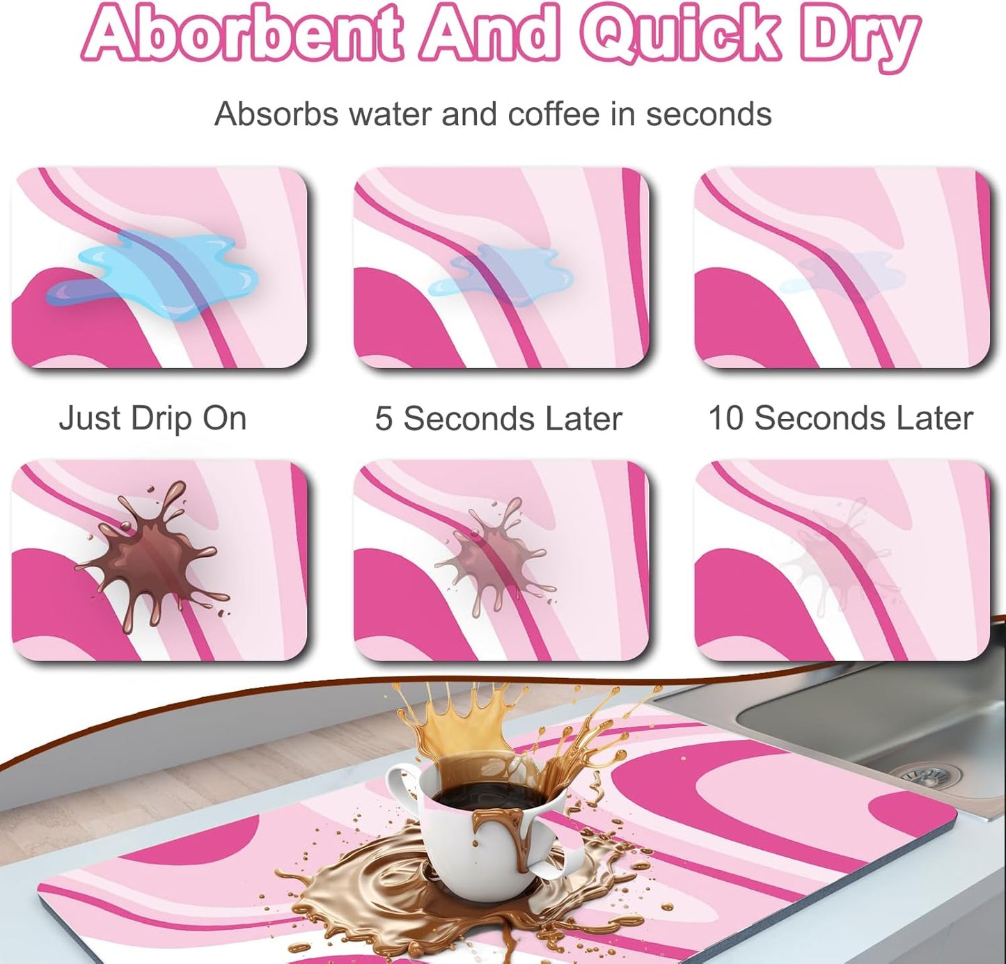 Coffee Bar Mat for Countertop, 17" X 28” Super Absorbent Dish Drying Mat, Large Kitchen Counter Mats Fits Under Coffee Maker, Non-slip Espresso Machine Pad, Pink Abstract