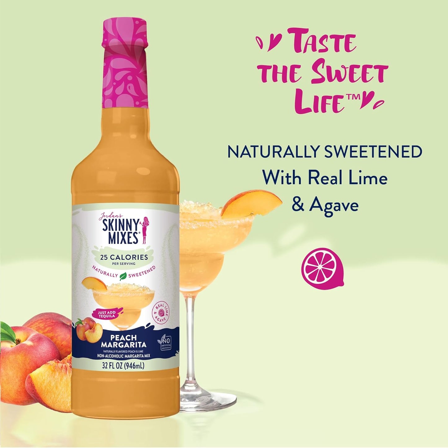 Jordan's Skinny Syrups Sugar Free Syrup, Naturally Sweetened Peach Margarita Mix, 32 oz, Low Calorie Flavoring, Protein Shake, Cocktail & More, Gluten Free, Keto Friendly