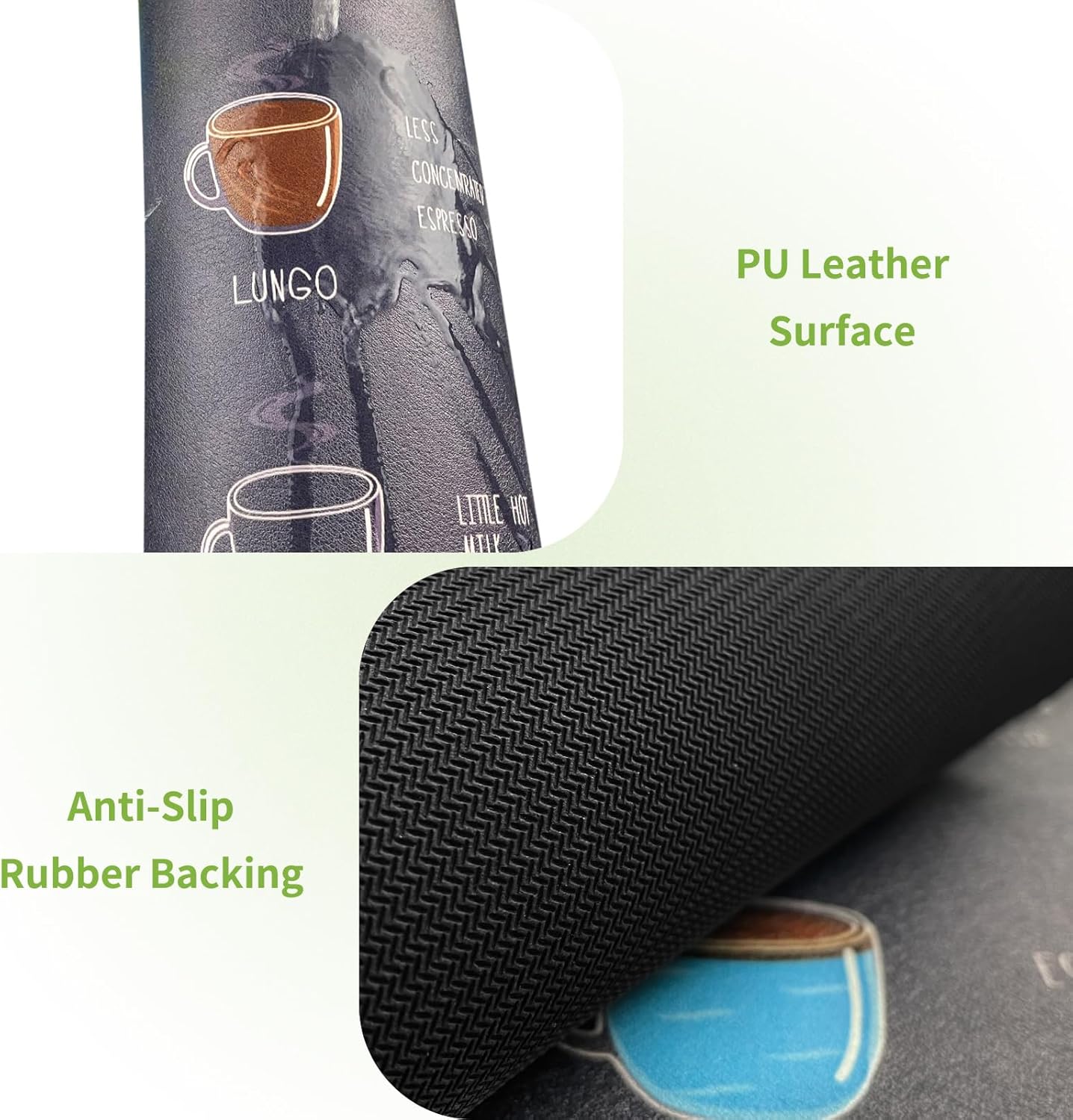 Matace Designer Coffee Bar Mat, Extra Large 17 x 31.5 Inches, Rubber Backing, Absorbent Coffee Maker Mats for Dish Drying, Kitchen Countertop, Coffee Flavor Menu, Black