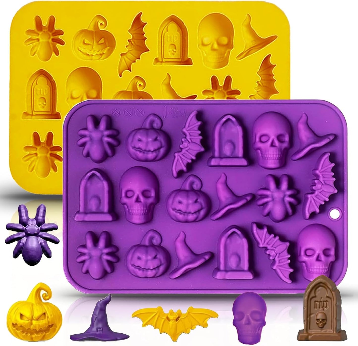 Halloween Chocolate Mold Silicone,18 Cavity Candy Gummy Mold with Pumpkin Wizard Hat Bat Spider Tombstone for Baking Chocolate Jelly Gummy Dessert (2pcs)