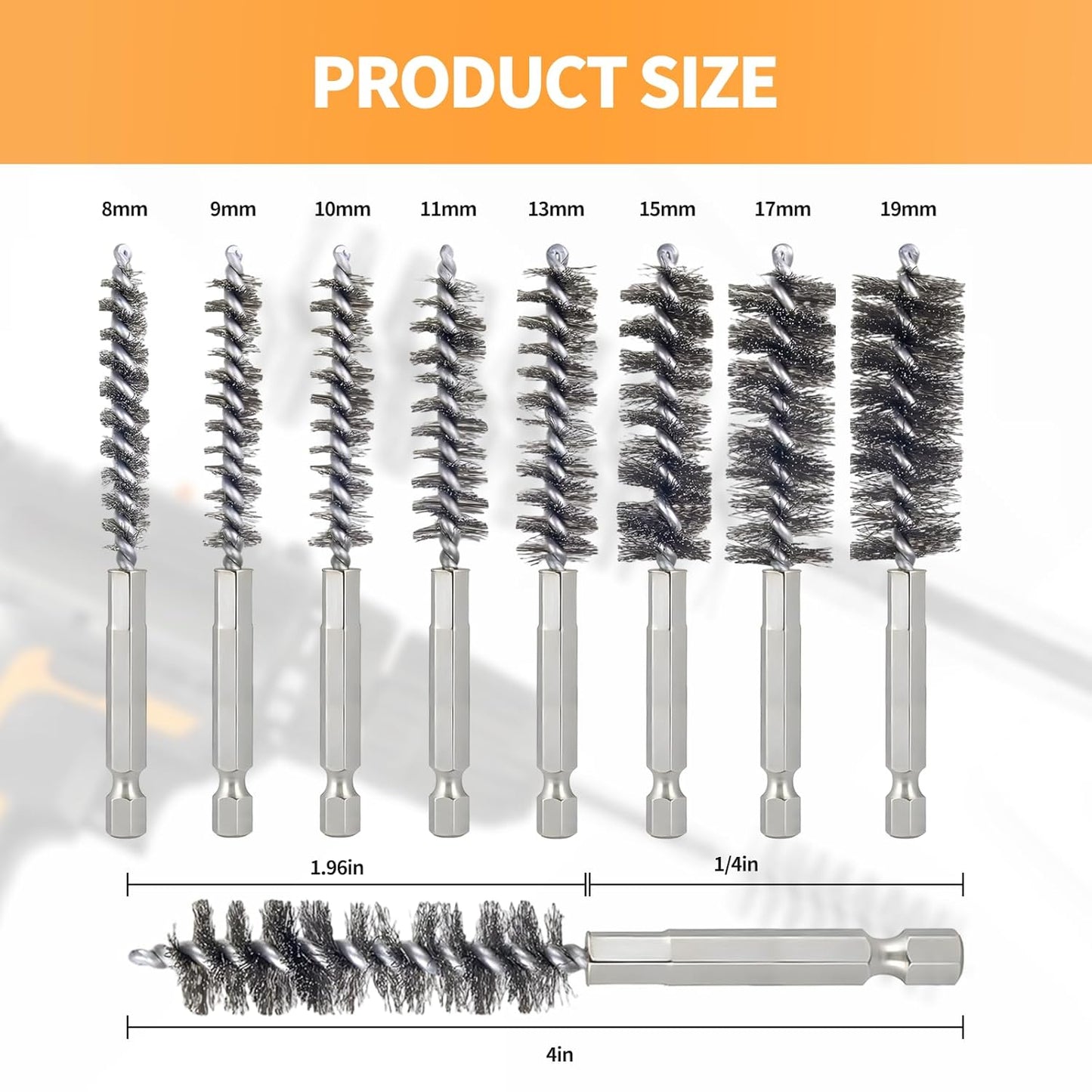 Bore Brush for Drill – 8pcs Stainless Steel Wire Tube Brush in Different Sizes, Twisted Wire Cleaning Brush with 1/4" Hex Shank, bore Brush Copper Pipe Cleaner for Power Drill & Tube Cleaning