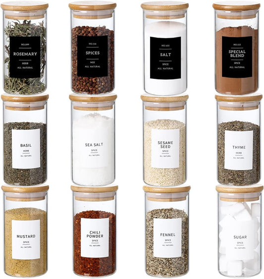 12 Pcs Glass Spice Jars With 296 Spice Labels Preprinted of White and Black Color- 10oz Thicken(2.4mm) Spice Containers With Bamboo Airtight Lids - Empty Small Herb Seasoning Jars