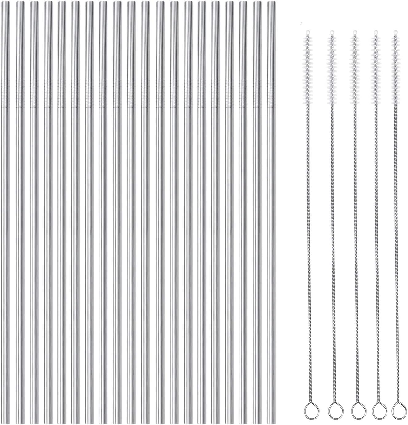 25 Piece Set Stainless Steel Straws Long 8.5 Inch Drinking Metal Straws Reusable Drinking Straws for 20 OZ (20 Straight| 5 Brushes)