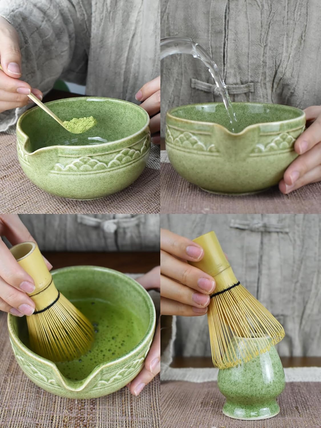 Artcome Matcha Tea Set with Pouring Spout - Green Ceramic Matcha Bowl, Bamboo Whisk, Whisk Holder, Tea Scoop & Matcha Tea Manual for Traditional Japanese Tea Ceremony - Ideal for Gift - Deep Green