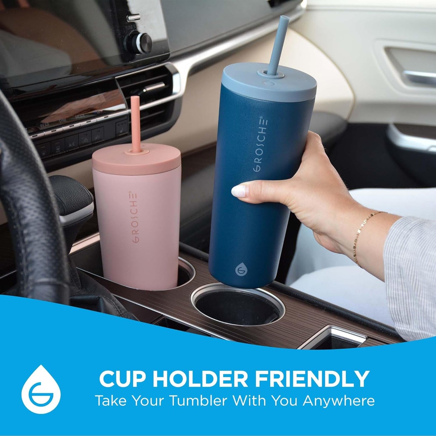 GROSCHE Jasper Insulated Stainless Steel Tumbler With Straw – Travel Cup with Lid, Extreme Insulation & Sleek Design, 23 oz - Pink