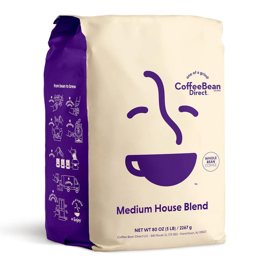 Coffee Bean Direct Medium House Blend, Whole Bean Coffee, Medium Roast, 5 Pound Bag (Pack of 1)
