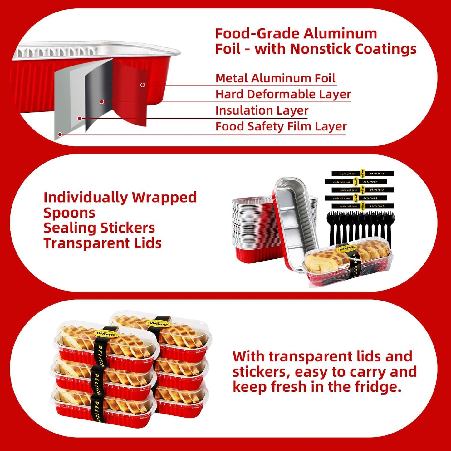 Mini Loaf Pans with Lids and Spoons Sealing Sticker,30 Pcs 6.8oz Cake Pans for Baking Disposable Aluminum Foil Red cake pan (30 Pack Red)