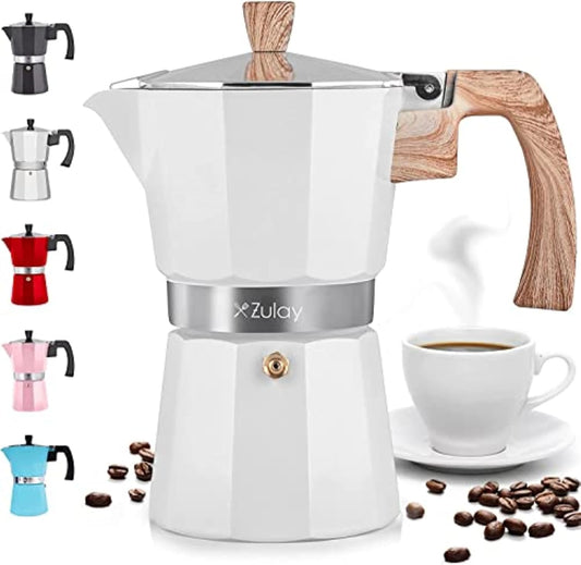 Zulay Kitchen Stovetop Espresso Maker - Moka Pot 6 Espresso Cups - Percolator Coffee Maker for Classic Cuban & Italian Style Espresso - Portable Coffee Maker for Camping & Travel - (White)