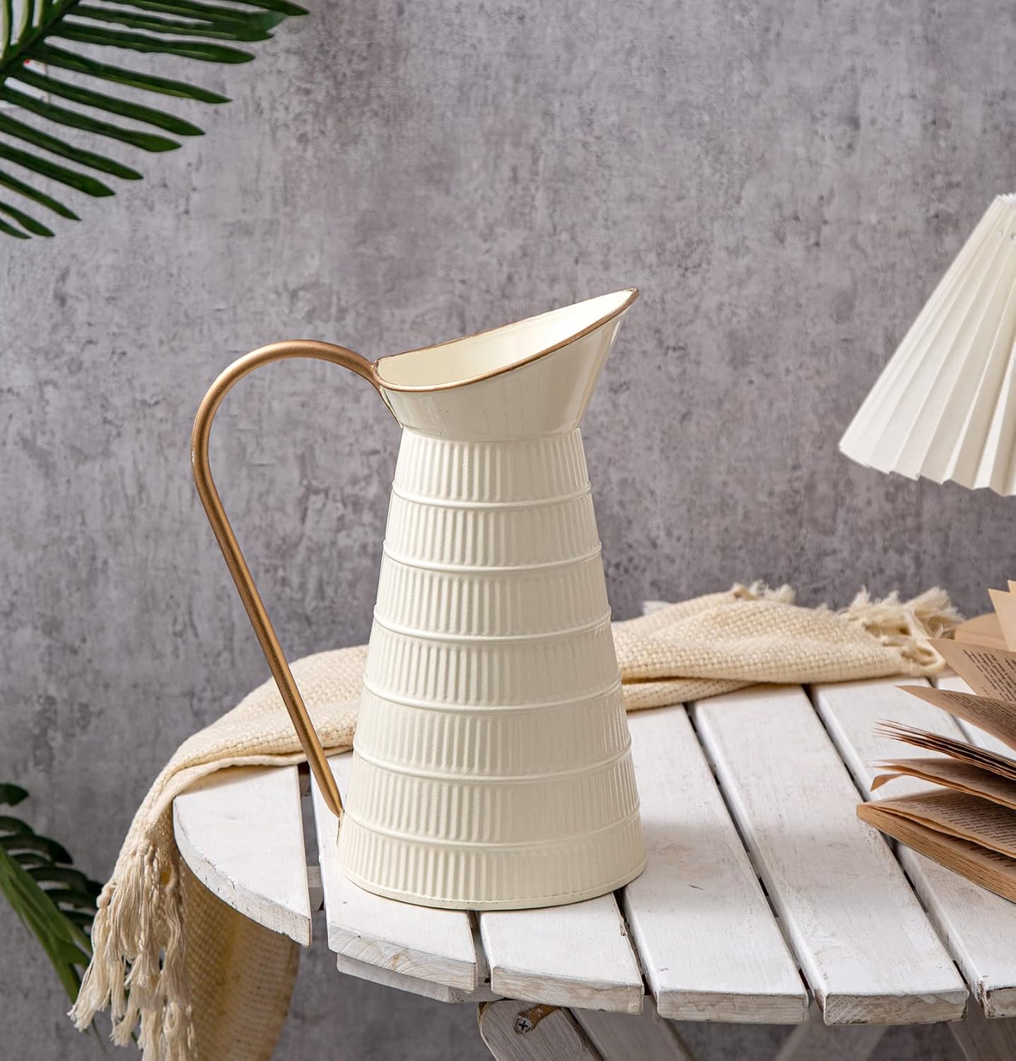 Elegant Cream/White Metal Pitcher Vase, Farmhouse Galvanized Flower Vase, Rustic Decorative Milk Jug for Home Decor, 10.8''H
