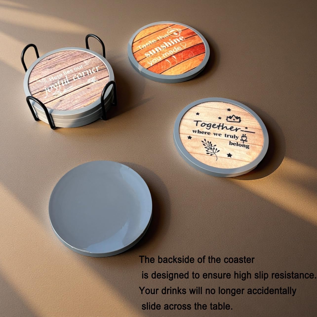 Absorbent Coasters for Drinks with Holder, Set of 6 Farmhouse Coasters, Silicone Coaster with Soft Felt Insert, Round, Housewarming Gifts