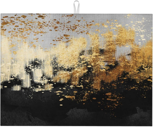 Black Gold Art Splash Dish Drying Mat for Kitchen Counter, Absorbent Microfiber Abstract Modern Drying Pad, Luxury Decorative Foldable Kitchen Mat for Sink & Coffee Bar, Black Home Decor, 18 x 24 inch