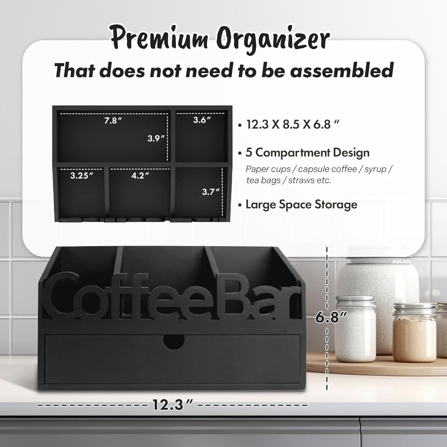Coffee Bar Organizer for Countertop – Wooden Coffee Station with Black Drawer, Tea and K Cup Storage Rack, Coffee Pod Holder for Home and Office Counter Organization