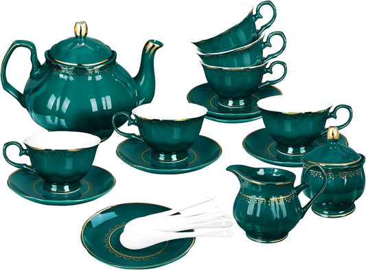 fanquare 21 Piece Vintage Porcelain Tea Set, Green with Gold Trim Fine China Tea Sets for Party, Teapot with Tea Cup and Saucers Set for 6, Christmas Gifts