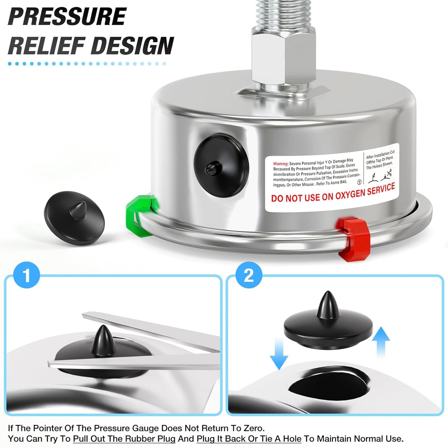 MEANLIN MEASURE 0~40Psi Liquid Filled Pressure Gauge Stainless Steel 2.5" FACE DIAL 1/4" NPT 316 Stainless Steel Joint for Pool Sand Filter Water Oil Air Pressure Test Back Mount, with 2PCS Snaps