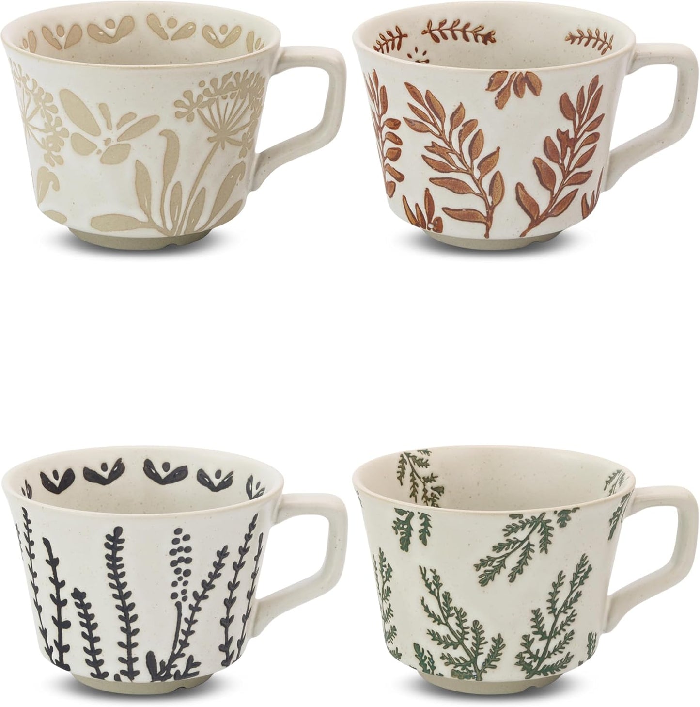 Ceramic Coffee Mug, 12 oz Novelty Unique Teacup with Large Handle, Stoneware Cup for Tea Mocha Latte Cappuccino Espresso (Set of 4, Butterfly Grass Ivy and Leaf)