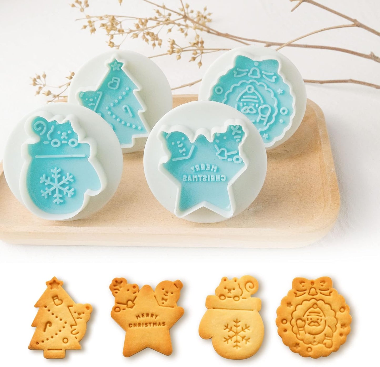 Cookie Stamps Set of 4, Cookie Press Mold, Decorating Supplies for DIY Baking, Cake, Pastry, Easy to Use- Christmas Series