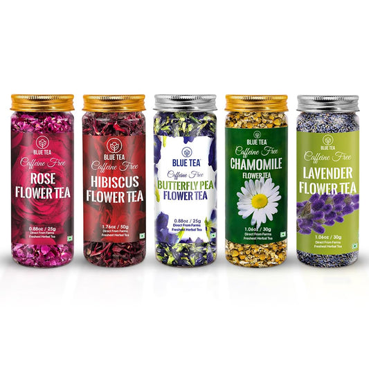 BLUE TEA - Flower Tea Combo - 5.64 Oz (Pack of 5) | Butterfly Pea, Rose, Hibiscus, Chamomile, Lavender | VARIETY PACK | Caffeine Free - Non-Bitter - Herbal Tea - Flower Based | Pet Jar Pack
