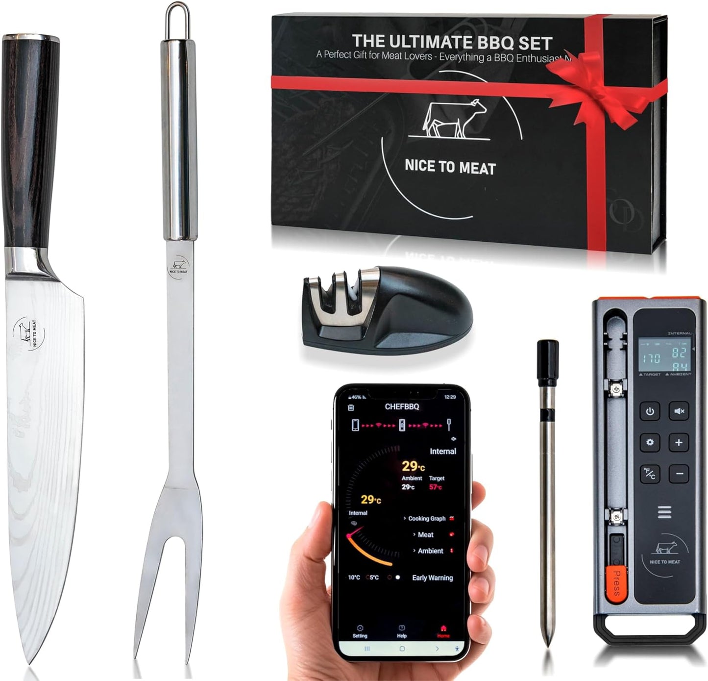 WiFi and Bluetooth Meat Thermometer Digital Wireless BBQ Set - Long Range Connection with Chef Knife, Fork, Meats Temperature Probe,Meat Thermometer Grilling, Smoking Cooking, BBQ Gift for Men