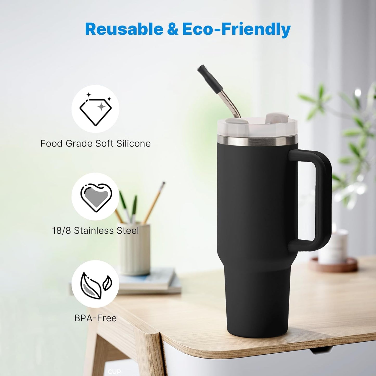 Repeatable Metal Straw with Silicone Tips for 40 oz Stanley Tumbler, 2 Pcs 40 oz Stainless Steel Straws Replacement for Stanley Tumbler, 1 Straw Brush, BPA Free（Black）