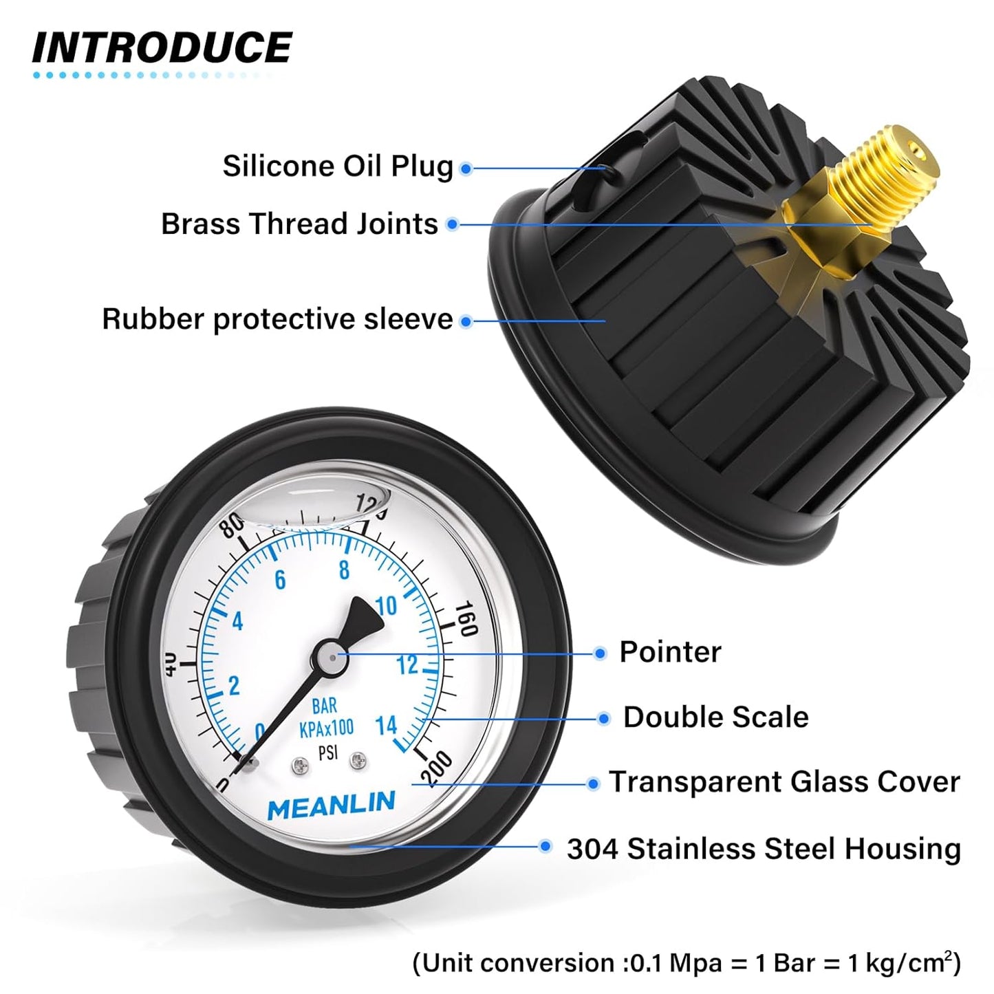 MEANLIN MEASURE 0~200Psi Stainless Steel 1/4" NPT 2.5" FACE DIAL,Liquid Filled Pressure Gauge, Center Back Mount (with Rubber Protective Sleeve), with 1/2" NPT and 3/8" NPT Hex Bushing