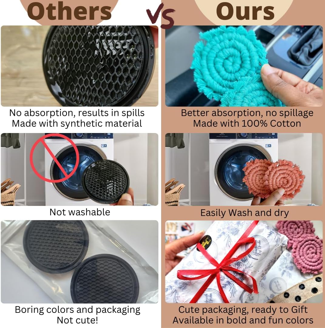 Cotton Car Coasters for Cup Holders, 2PC Car Cup Coasters, Drink Coaster Holder, Cute cupholder Coaster Accessories for Women, Macrame, Boho (Sunshine Yellow)