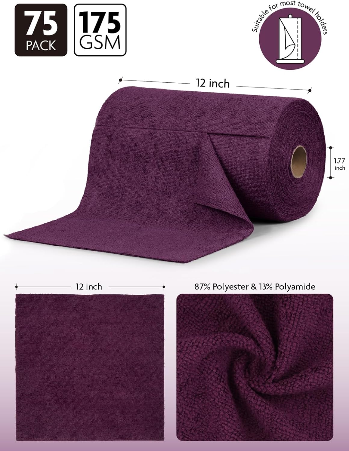 Fantasticlean Microfiber Cleaning Cloth Roll -75 Pack, Tear Away Microfiber Towels, 12" x 12", Reusable, Washable, Scratch Free, Ultra Absorbent for Car, Home Supplies (Dark Purple)