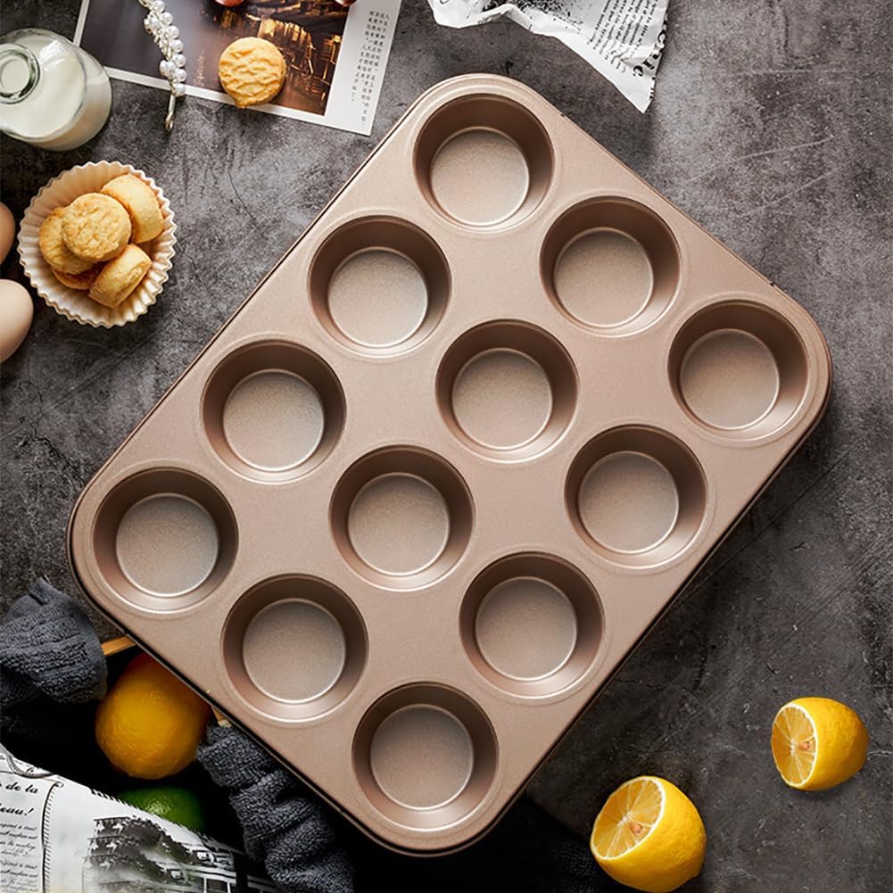 12-Cup Muffin Pan Tin for Baking, 2 Packs Nonstick Cupcake Pan Tin, Cup Cake Tray, Cheesecake Pans, Gold