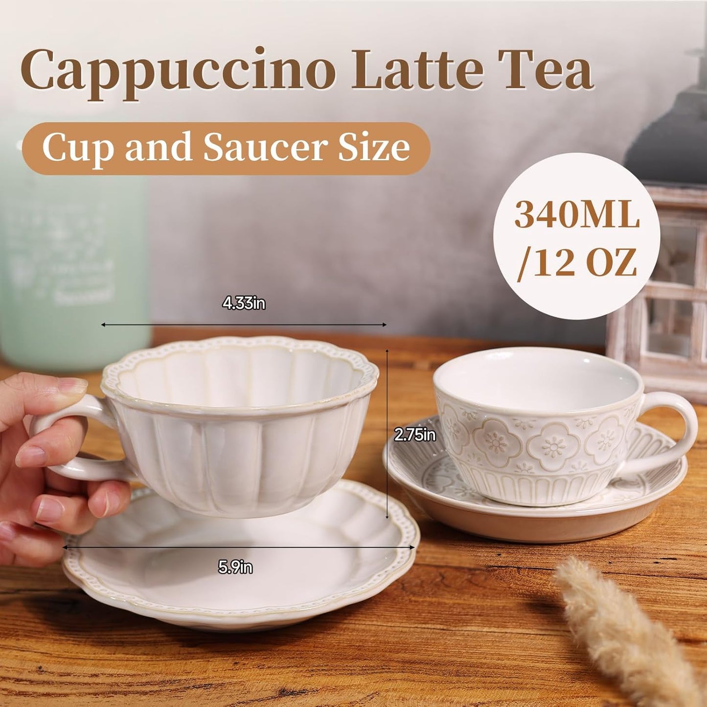 12 OZ Latte Cup with Saucer, Cappuccino Cup Vintage Cafe Art Cups for Espresso Turkish Coffee, Farmhouse Latte Mugs Tea Cups and Saucers Porcelain Set for Christmas Thanksgiving Day Gift