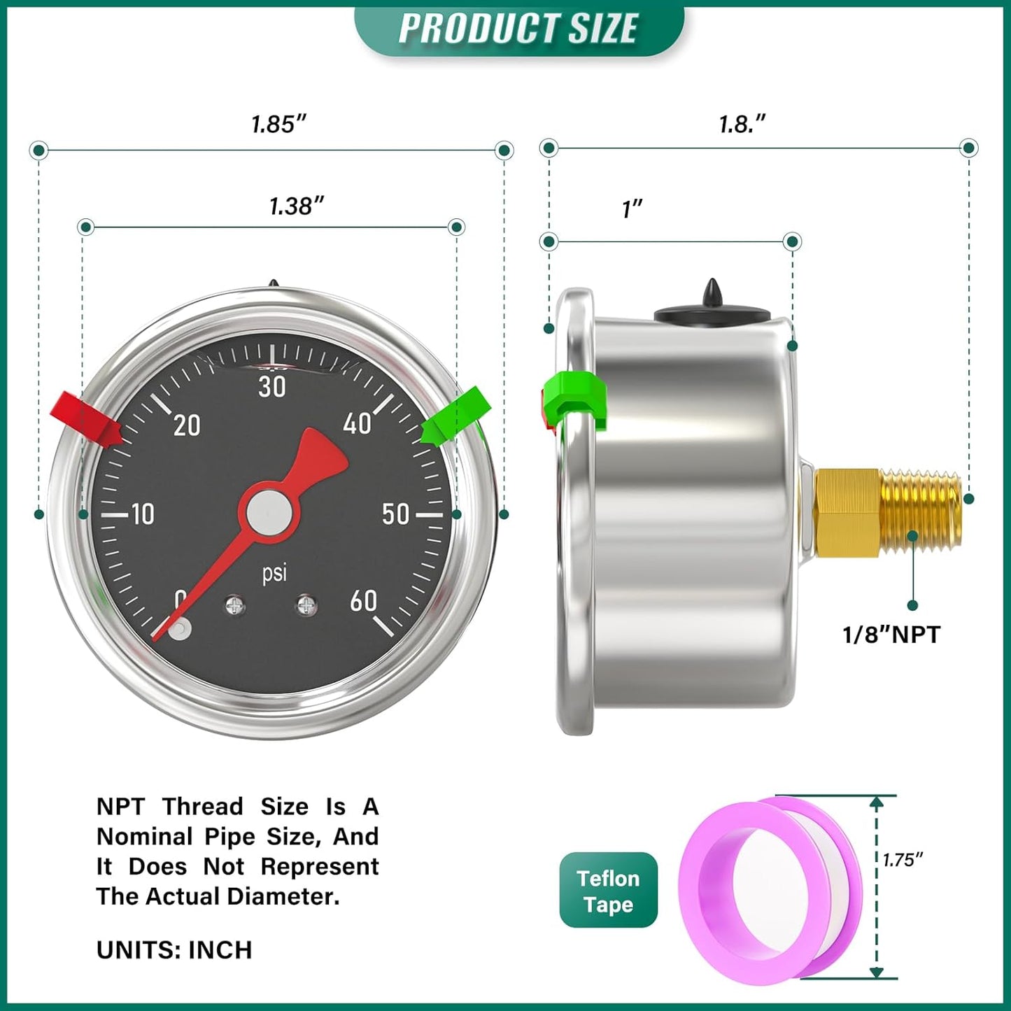 0-60PSI Stainless Steel Glycerin Filled Pressure Gauge 1.5" Black Dial Size, 1/8" NPT Back Mount, for Tube, Water Pump, Gas, Liquid, Pressure Test (with Range Mark Pointer)