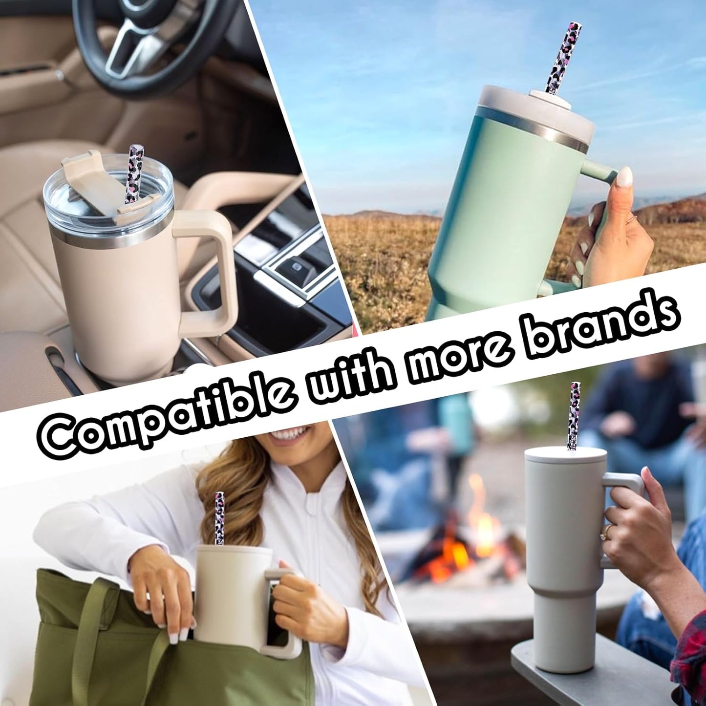 AIERSA 6 Pack Leopard Straw Replacement 40oz for Stanley,Plastic Reusable Straw for Stanley Adventure Quencher Travel Tumbler,Long Straws with Cleaning Brush for Stanley Cup Accessories