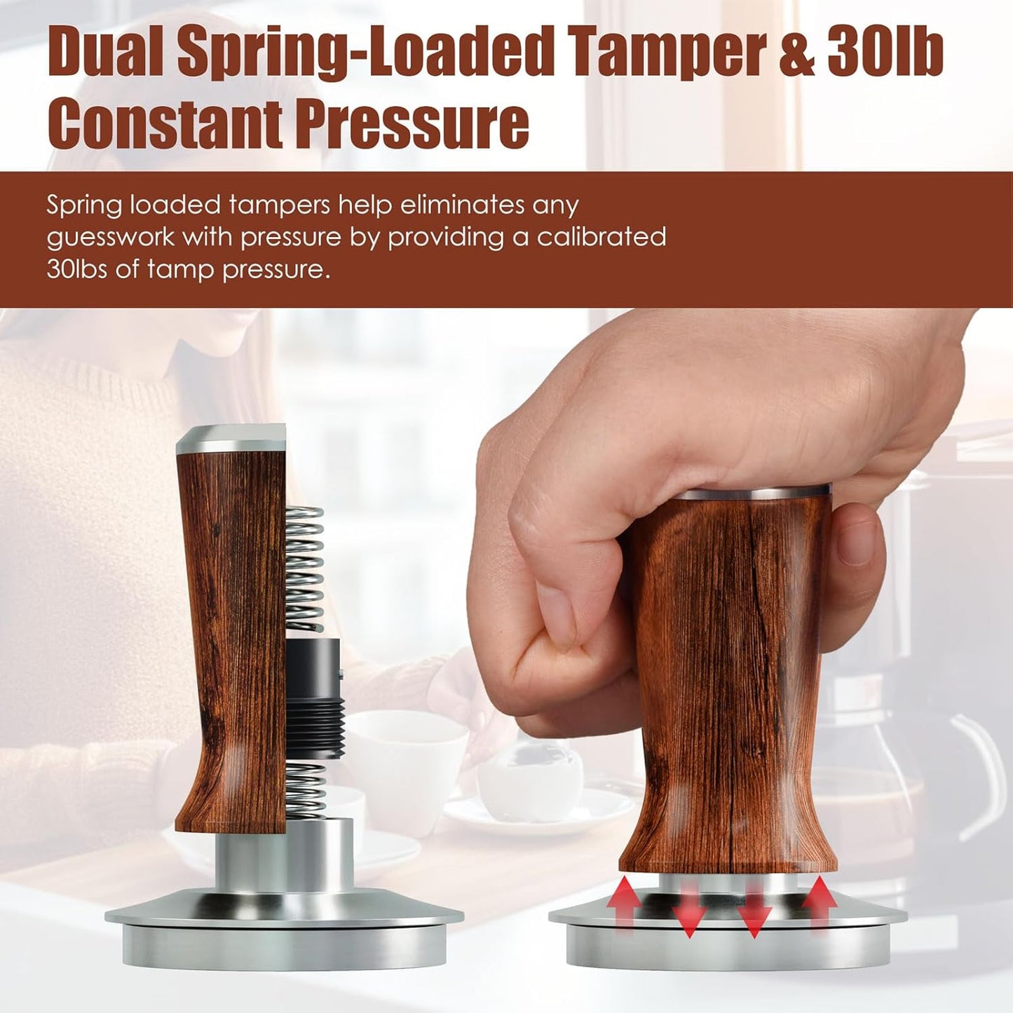 53.3mm Espresso Hand Tamper, MATOW Calibrated Spring Loaded Coffee Tamper with Stainless Steel Ripple Base, 30lbs Espresso Tamper with Red Rosewood Handle Compatible with Breville 54mm Portafilter