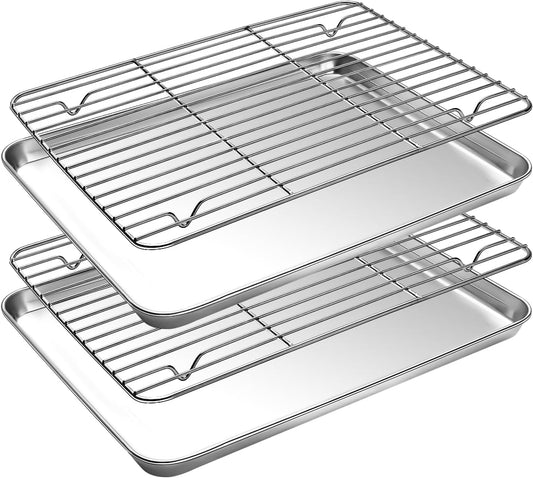 Baking Sheet with Cooling Rack Set(2 Baking Pans+2 Baking Racks), CEKEE Stainless Steel Non Stick Small Cookie Sheet Set, Size 10.39 x 8.07 x 1 Inch, Easy to Clean Small Baking Sheet with Rack Set