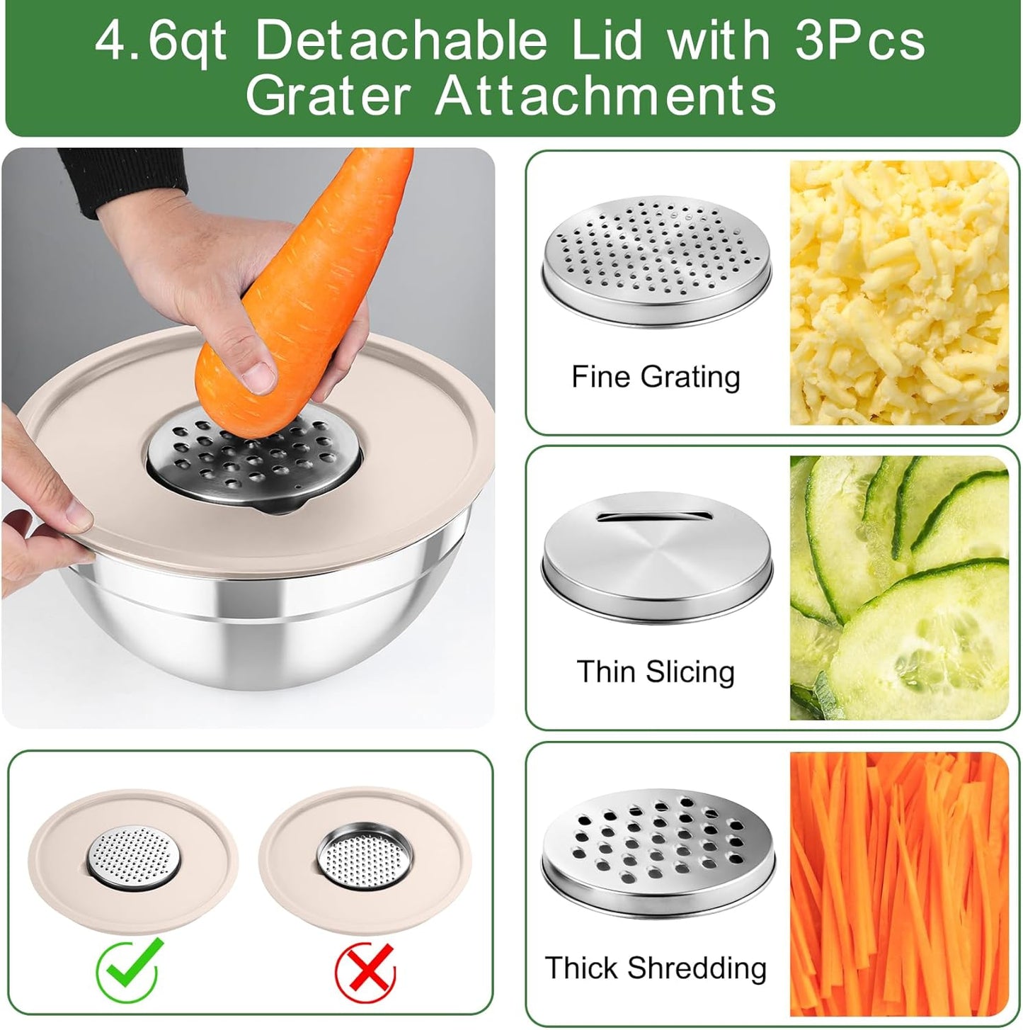 TeamFar Mixing Bowls with Airtight Lids, 5PCS Stainless Steel Metal Salad Bowl with 3 Grater Attachments, for Cooking, Prepping, Serving, Healthy & Easy Clean - 0.7/1/1.5/2.6/4.6QT, Khaki