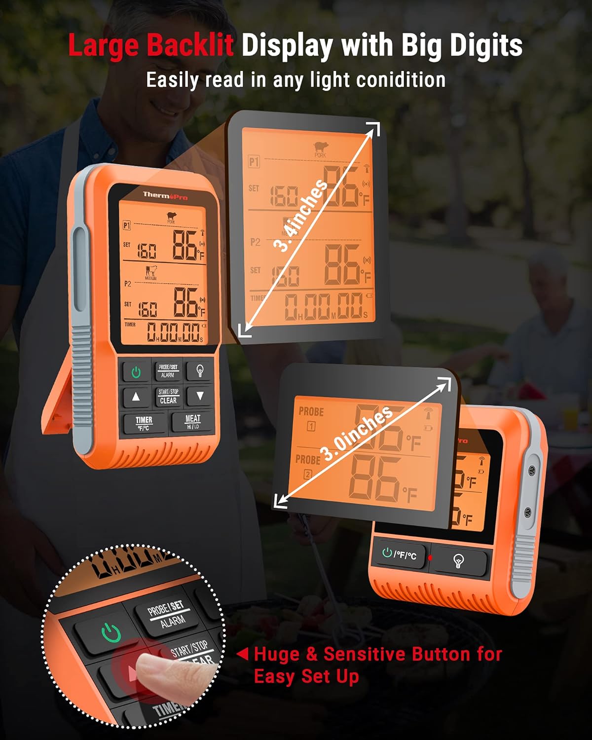 ThermoPro TP826 500FT Wireless Meat Thermometer, Dual Meat Probe Cooking Thermometer with HI/Low Alert, Food Grill Temperautre probe, Outdoor Fryer Accessories for BBQ, Smoker, Oven, Grilling Gift