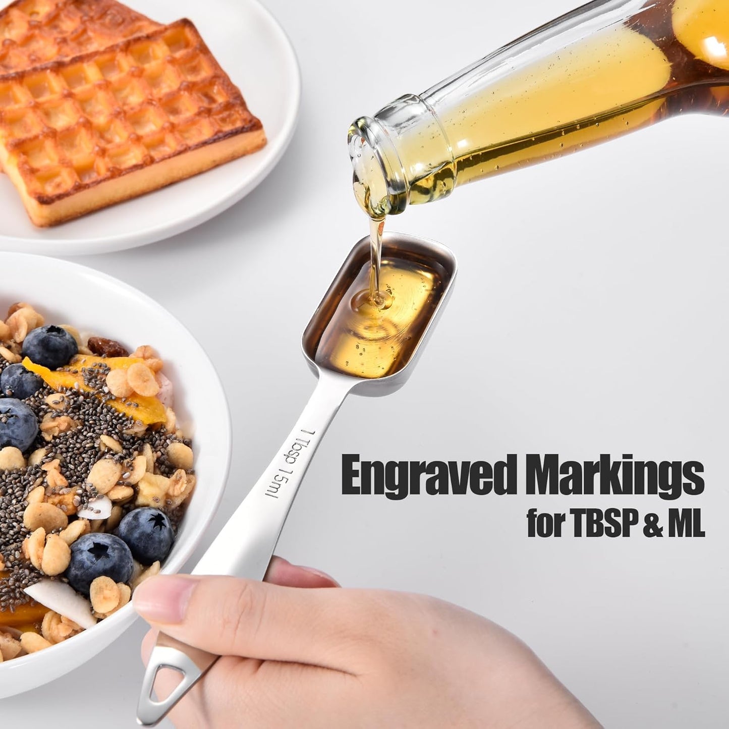 18/8 Stainless Steel Measuring Spoons: Doosu Heavy Duty Rectangular Spoon Square Teaspoon Tablespoon Scoop with Slim Long Handle in Narrow Spice Jar for Kitchen Baking Cooking (Set of 7 with Leveler)