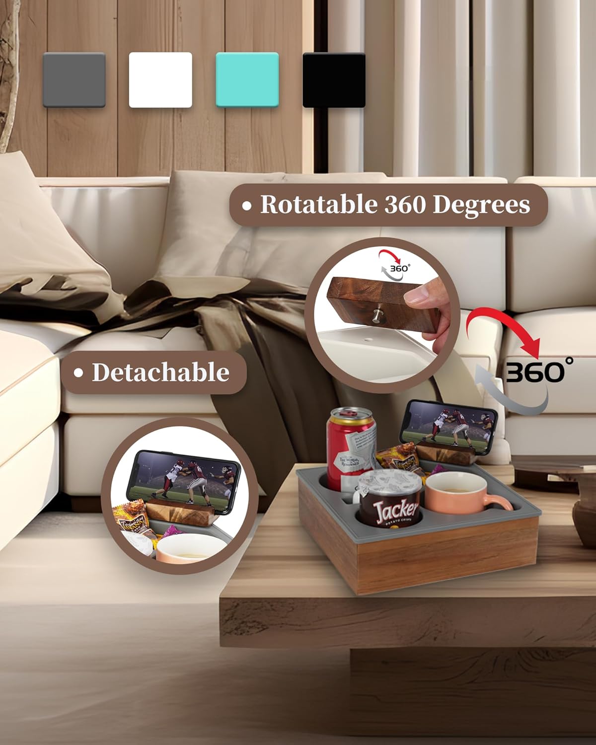 Couch Cup Holder Tray, Handy Soft Silicone Acacia Wooden Couch Caddy for Bed Car Seat Beach Organizer, Waterproof Anti-Spill Sofa Cup Holder for Snacks Beverage Remote (Green)