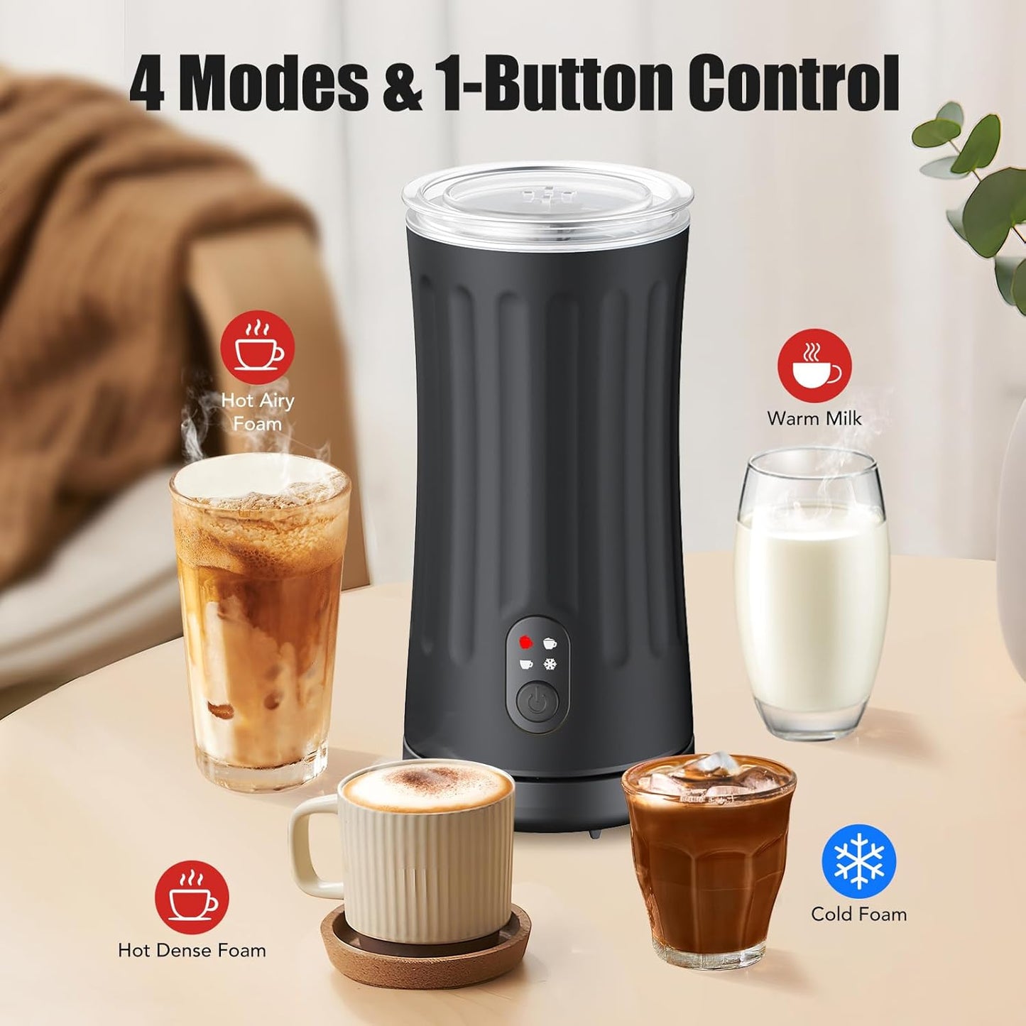 Milk Frother, Upgraded 4-in-1 Milk Frother and Steamer, Hot and Cold Foam Maker and Milk Warmer with Temperature Control & Auto Shut-Off, Frother for Coffee, Latte, Cappuccino, Matcha(Black)