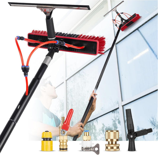 35ft Water Fed Pole Kit, Rotatable Solar Panel Cleaning Brush & Squeegee, 2 Dusting Brushes, Extendable Black Lightweight Pole for Roof Window